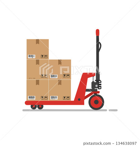 Pallet jack with stacked cardboard boxes for warehouse cargo handling and logistics operations vector illustration Pallet jack with stacked cardboard boxes for warehouse cargo handling and logistics operations vector illustration 134638097