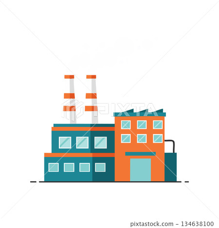 Industrial factory building with chimneys and modern design vector illustration in orange and teal colors 134638100