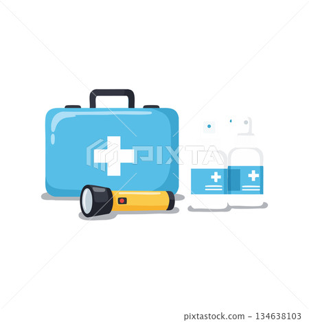 First aid kit with flashlight and medicine bottles emergency preparedness essentials vector illustration First aid kit with flashlight and medicine bottles emergency preparedness essentials vector illustration 134638103