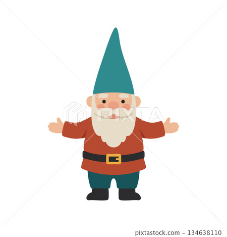 Garden gnome with teal hat and red jacket standing with open arms vector illustration design Garden gnome with teal hat and red jacket standing with open arms vector illustration design 134638110