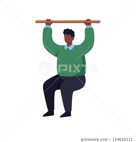Man exercising on pull-up bar wearing green sweater and black pants fitness workout training vector illustration Man exercising on pull-up bar wearing green sweater and black pants fitness workout training vector illustration 134638112