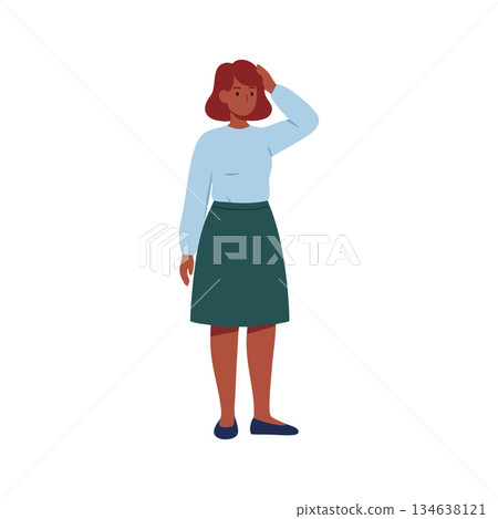 Woman standing thoughtful casual clothing blue sweater green skirt red hair vector illustration Woman standing thoughtful casual clothing blue sweater green skirt red hair vector illustration 134638121