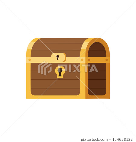 Wooden treasure chest with golden trim and keyhole classic storage box vector illustration Wooden treasure chest with golden trim and keyhole classic storage box vector illustration 134638122