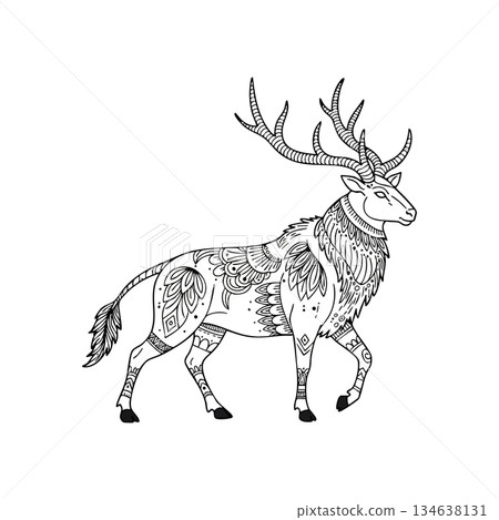 Stylized deer with intricate ornamental patterns and detailed antlers in black and white vector design for creative projects Stylized deer with intricate ornamental patterns and detailed antlers in black and white vector design for creative projects 134638131