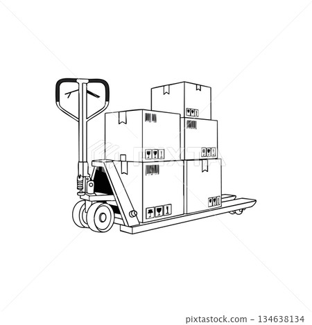 Pallet jack carrying stacked cardboard boxes for warehouse transport and logistics operations vector illustration Pallet jack carrying stacked cardboard boxes for warehouse transport and logistics operations vector illustration 134638134