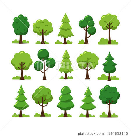 Various green tree illustrations with different shapes and types in vector style for design elements Various green tree illustrations with different shapes and types in vector style for design elements 134638140