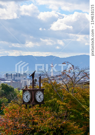 The view of Kyoto city skyline with blue sky and trees from kiyomizu-dera temple in Kyoto, Japan. Major tourist attraction in Kansai region in Japan. Travel concept. Japan cityscape. 134638155