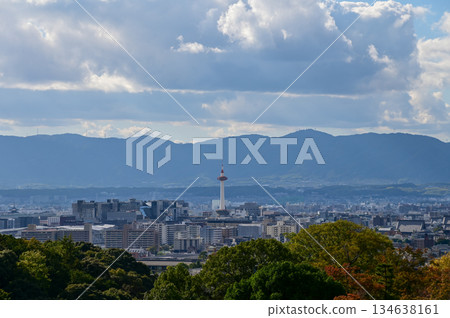 The view of Kyoto city skyline with blue sky and trees from kiyomizu-dera temple in Kyoto, Japan. Major tourist attraction in Kansai region in Japan. Travel concept. Japan cityscape. The view of Kyoto city skyline with blue sky and trees from kiyomizu-dera temple in Kyoto, Japan. Major tourist attraction in Kansai region in Japan. Travel concept. Japan cityscape. 134638161
