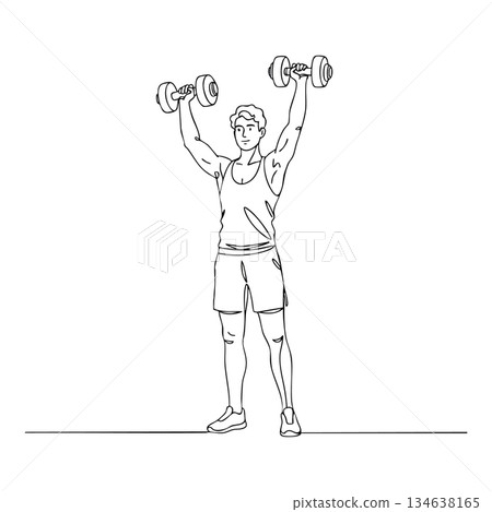 Man lifting dumbbells overhead exercising strength training fitness workout motivation vector illustration Man lifting dumbbells overhead exercising strength training fitness workout motivation vector illustration 134638165