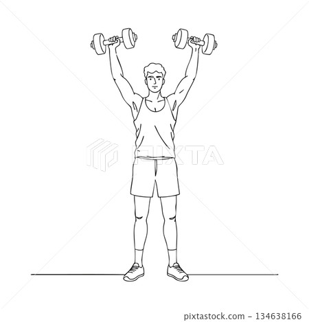 Man lifting dumbbells overhead exercising strength training fitness workout motivation vector illustration Man lifting dumbbells overhead exercising strength training fitness workout motivation vector illustration 134638166