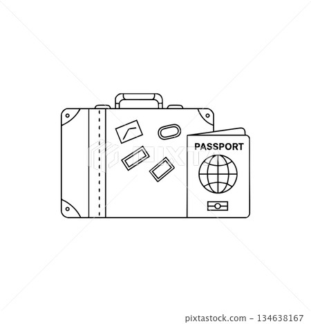 Suitcase with passport and travel stickers vector line art for travel concept and holiday planning illustration Suitcase with passport and travel stickers vector line art for travel concept and holiday planning illustration 134638167
