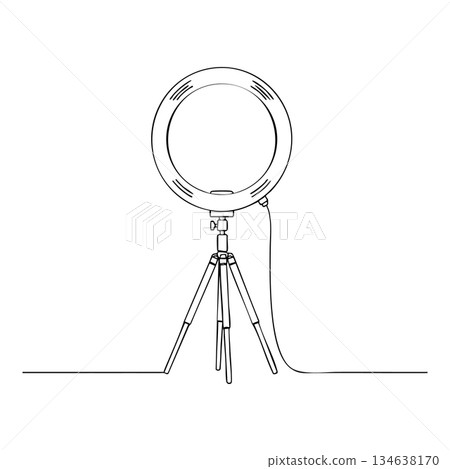 Ring light on tripod stand continuous line art vector drawing for photography and video lighting equipment 134638170