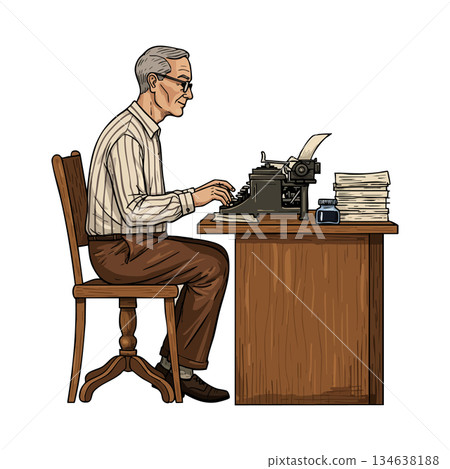 Elderly man typing on vintage typewriter at wooden desk with stacks of paper and ink bottle vector illustration 134638188