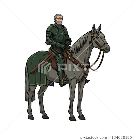 Medieval knight in full armor sitting on gray horse with green saddlecloth and sword vector illustration Medieval knight in full armor sitting on gray horse with green saddlecloth and sword vector illustration 134638190