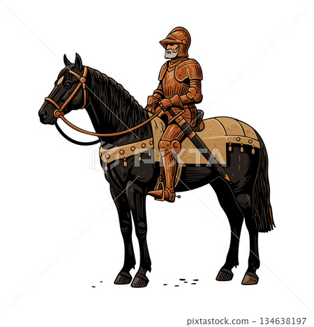 Knight in full armor riding black horse medieval warrior with sword vector illustration 134638197