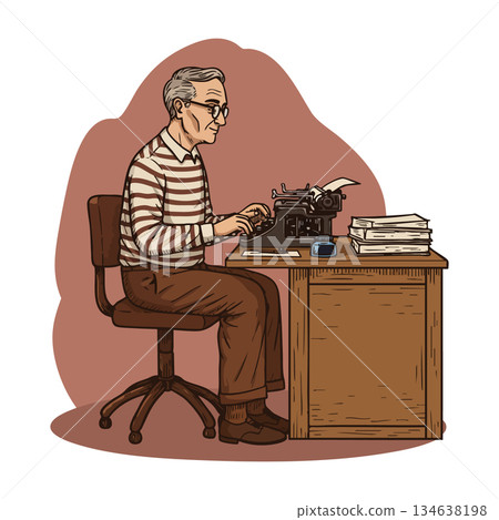 Elderly man typing on vintage typewriter at wooden desk with stack of papers in cozy office setting vector illustration Elderly man typing on vintage typewriter at wooden desk with stack of papers in cozy office setting vector illustration 134638198