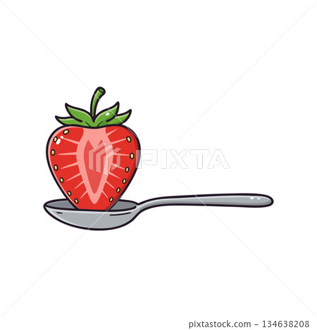 Strawberry fruit on metal spoon vector illustration with red and green colors 134638208