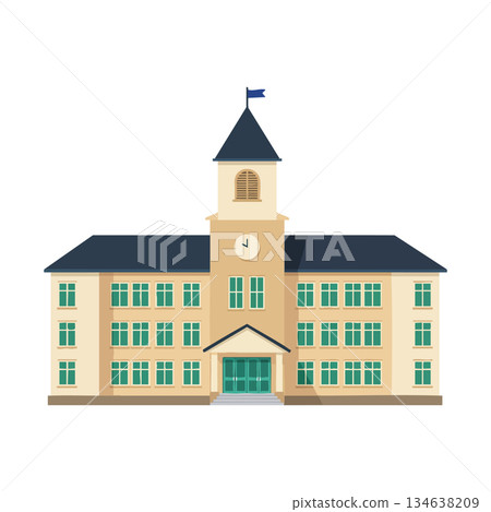 School building with clock tower and blue roof vector illustration in flat style 134638209