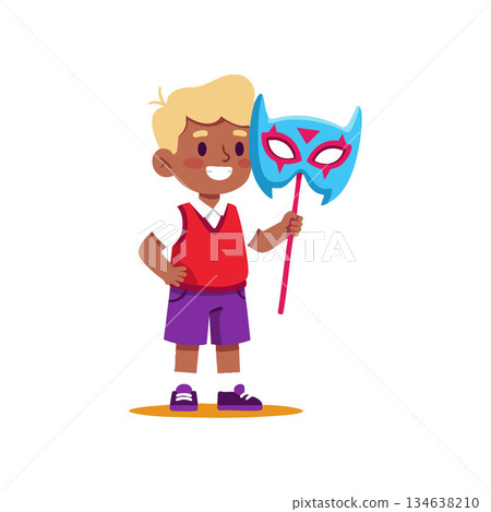 Boy holding blue superhero mask smiling in red vest and purple shorts vector illustration Boy holding blue superhero mask smiling in red vest and purple shorts vector illustration 134638210