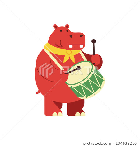 Red hippopotamus playing green drum with yellow scarf vector illustration Red hippopotamus playing green drum with yellow scarf vector illustration 134638216