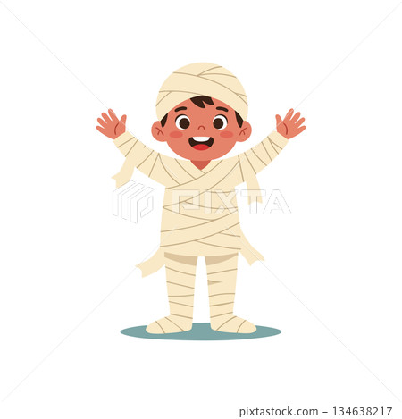 Child dressed as mummy Halloween costume happy kid in bandage outfit illustration vector Child dressed as mummy Halloween costume happy kid in bandage outfit illustration vector 134638217