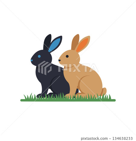 Two rabbits sitting on green grass with black and brown fur vector illustration 134638233