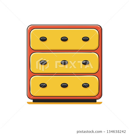 Retro style yellow and orange chest of drawers with black handles vector illustration Retro style yellow and orange chest of drawers with black handles vector illustration 134638242