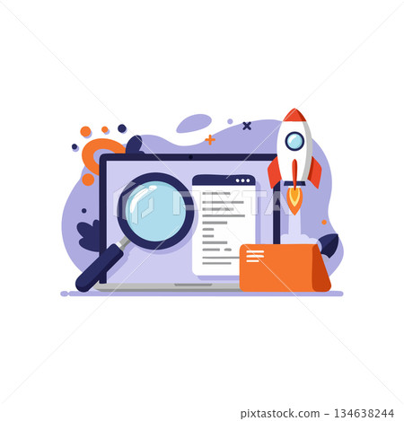 Laptop with magnifying glass and rocket symbolizing startup and innovation vector illustration 134638244