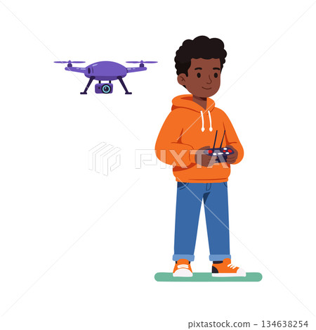 Boy in orange hoodie flying purple drone with remote control vector illustration Boy in orange hoodie flying purple drone with remote control vector illustration 134638254