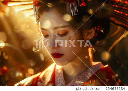 Young japanese woman in ornate traditional attire gazes softly at viewer under warm dusk lighting, surrounded by delicate blooms. Neural network AI generated 134638284