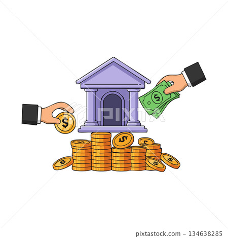 Bank building with hands exchanging money coins and bills financial concept vector illustration 134638285