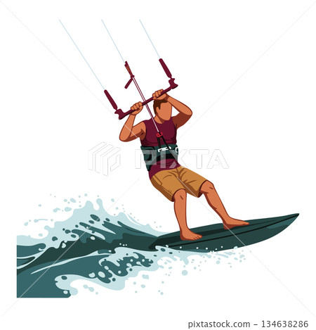 Kite surfer riding waves on a surfboard in windy conditions active water sport vector illustration Kite surfer riding waves on a surfboard in windy conditions active water sport vector illustration 134638286