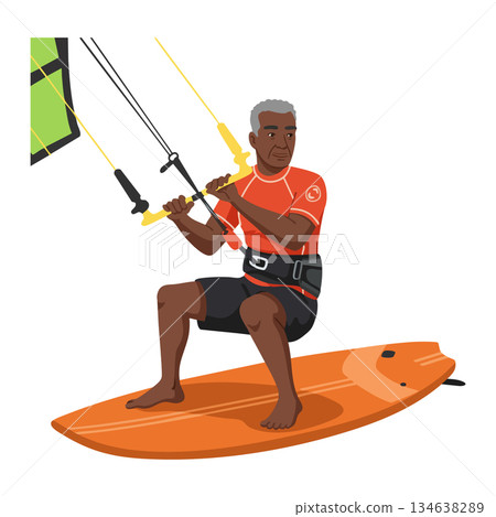 Older man kite surfing on orange board wearing red shirt and black shorts vector illustration 134638289