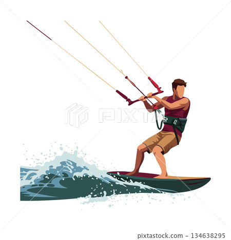 Kiteboarder riding ocean wave with harness and kite control bar vector illustration Kiteboarder riding ocean wave with harness and kite control bar vector illustration 134638295