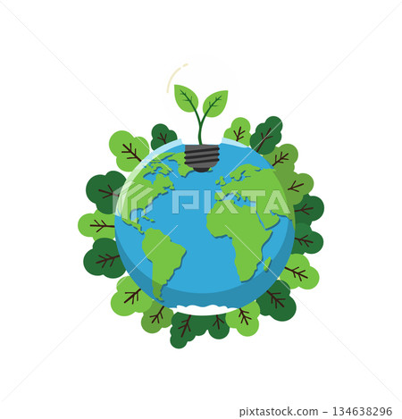Earth globe with green leaves and sprout symbolizing environmental care and sustainability vector illustration Earth globe with green leaves and sprout symbolizing environmental care and sustainability vector illustration 134638296