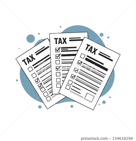 Tax forms with checkmarks and blue background vector illustration for finance and accounting concepts 134638299