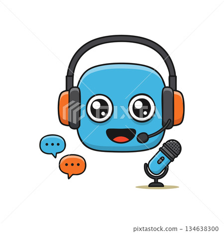 Blue chatbot with headset and microphone speaking through orange and blue speech bubbles vector illustration 134638300