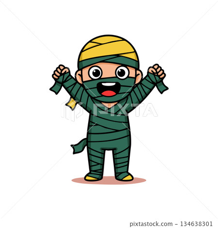 Cute happy cartoon mummy character in green and yellow wrapping celebrating excitement vector illustration 134638301