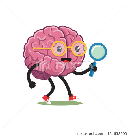 Brain cartoon character with glasses holding magnifying glass walking illustration vector 134638303