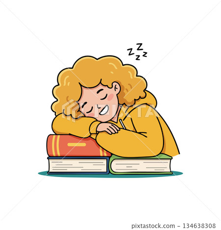Girl sleeping on stack of books in yellow hoodie peaceful rest vector illustration Girl sleeping on stack of books in yellow hoodie peaceful rest vector illustration 134638308