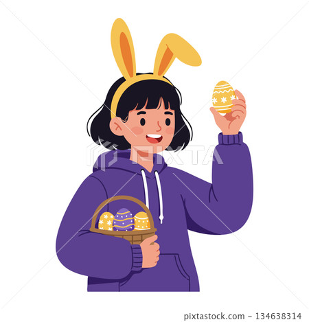Girl Wearing Bunny Ears Holding Easter Eggs and Basket for Easter Celebration Springtime 134638314