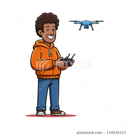 Man controlling flying drone with remote controller in casual orange hoodie and jeans vector illustration 134638315