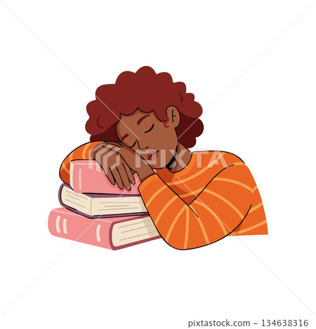 Woman resting head on stack of books in orange striped sweater vector illustration 134638316