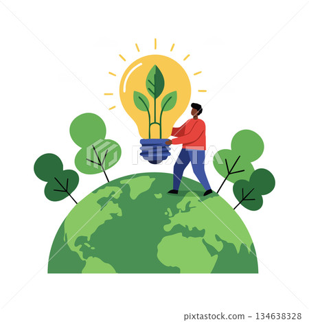 Person holding light bulb with plant growing on green Earth environment concept vector illustration 134638328
