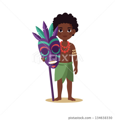 African boy holding traditional tribal mask with green and purple colors in vector illustration 134638330