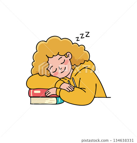 Girl Sleeping on Books with Curly Hair in Yellow Hoodie Vector Illustration Calm Restful Scene Girl Sleeping on Books with Curly Hair in Yellow Hoodie Vector Illustration Calm Restful Scene 134638331