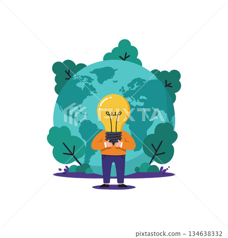 Person Holding Light Bulb with Earth Globe and Trees Environmental Concept Vector Illustration 134638332