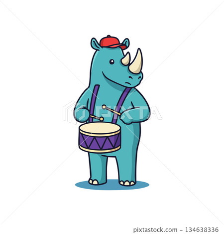 Blue rhinoceros wearing red cap playing purple drum vector illustration 134638336