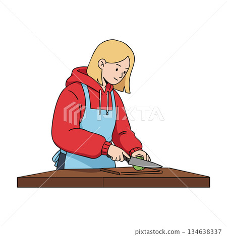 Woman in red hoodie and blue apron cutting cucumber on wooden table vector illustration 134638337