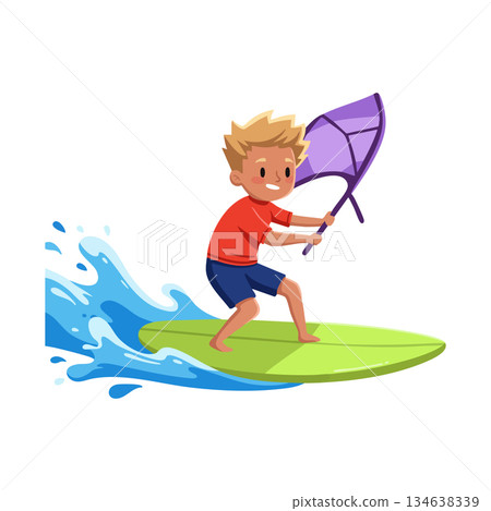 Boy windsurfing with purple sail on green board in blue water splash vector illustration 134638339